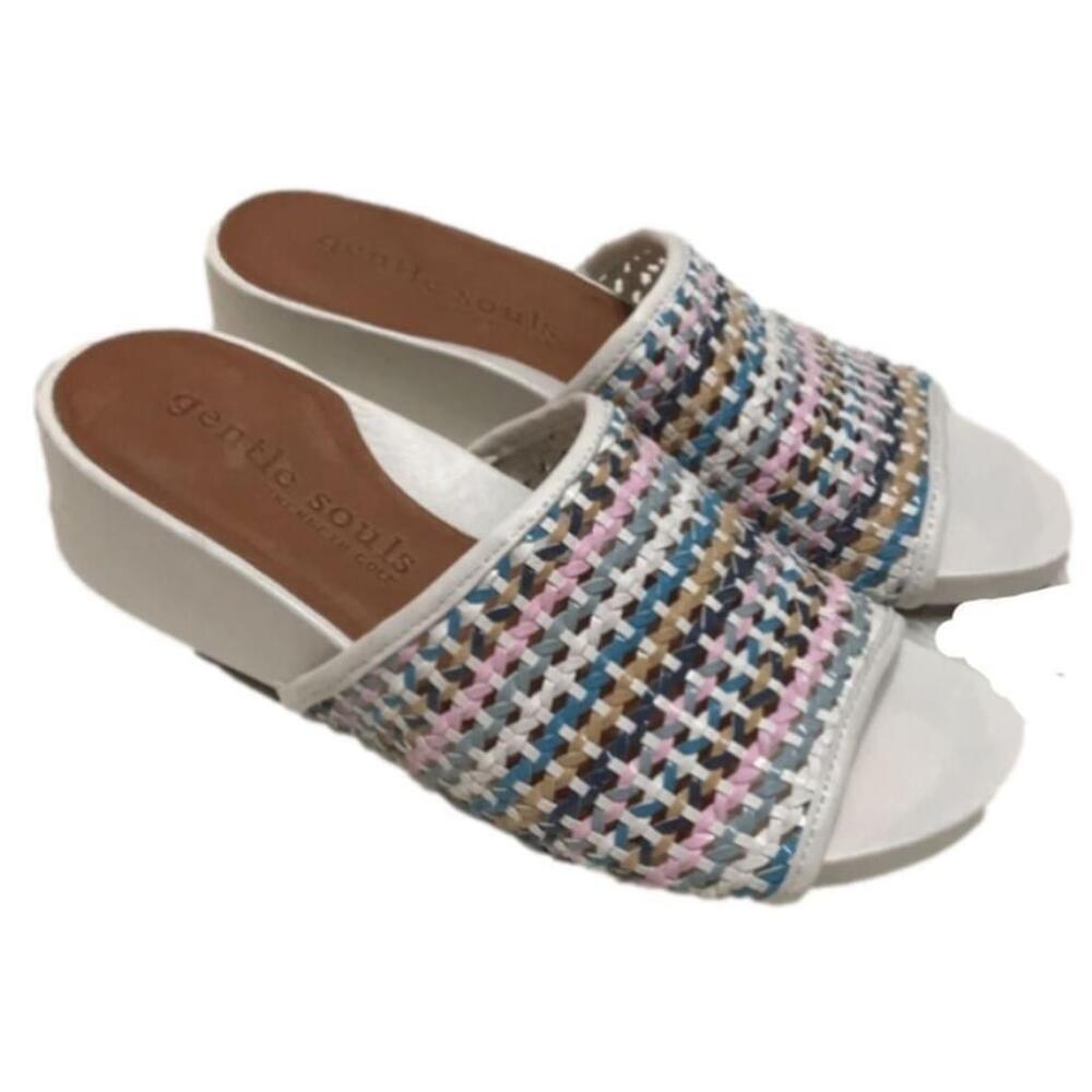 gentle souls White Woven Slide Sandals with Pink, Blue & Tan Accents